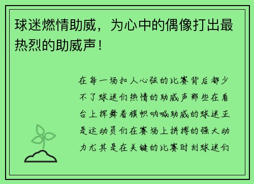 球迷燃情助威，为心中的偶像打出最热烈的助威声！